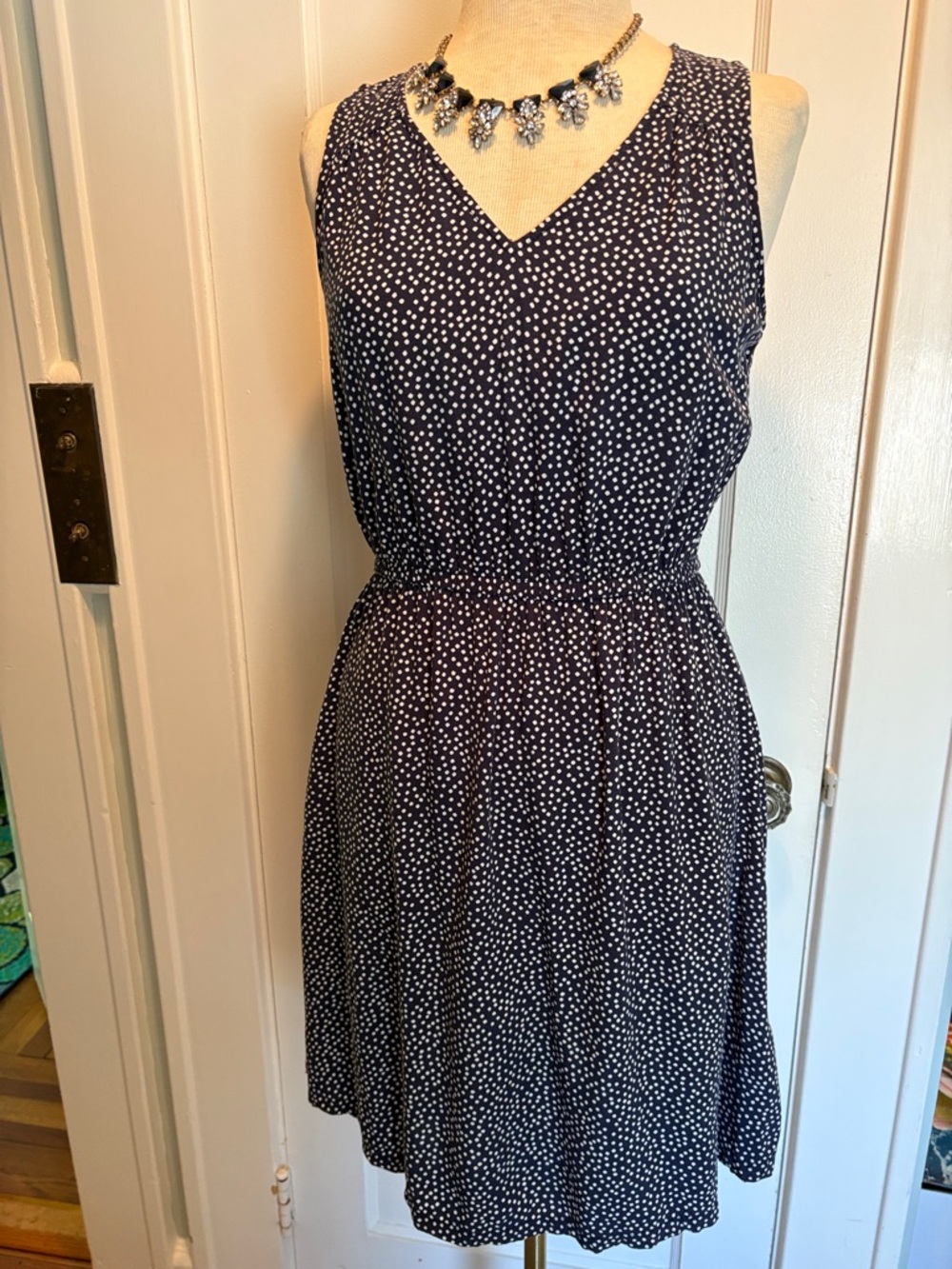 EUC Old Navy blue sleeveless dress with white polka dots Size Small.